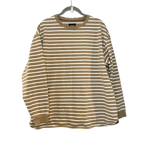 BEAMS Tan Brown White Striped Crewneck Long Sleeve Heavy Thick Cotton T-Shirt S - Picture 1 of 4